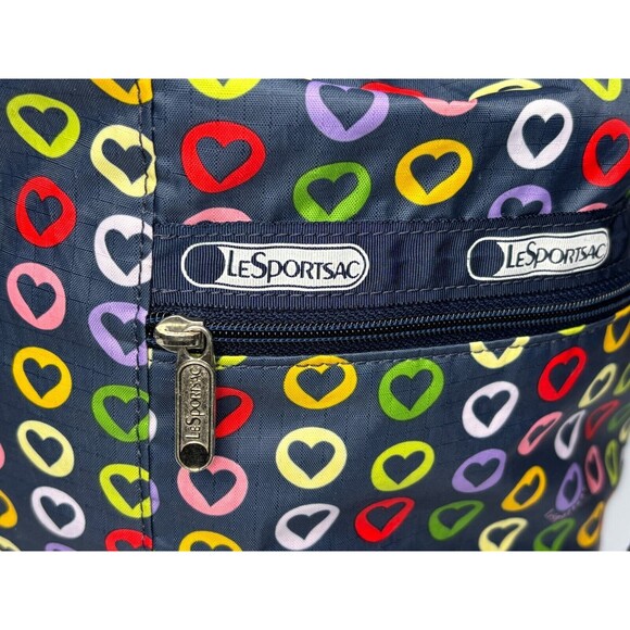 LeSportSac Sling Bucket Crossbody Bag Drawstring Top Reversible Hearts Navy EUC - Picture 5 of 16